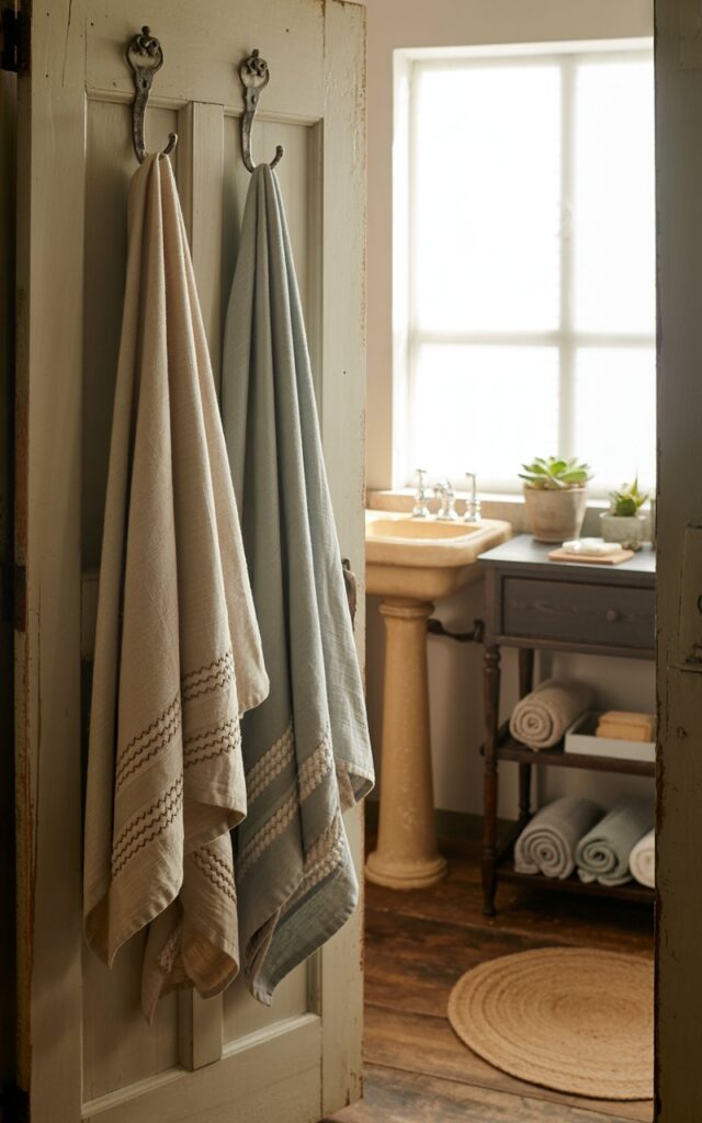 A photograph of a small, rustic-chic bathroom viewed from within, showcasing a weathered wooden door with three hand-stitched linen towels hanging from antique iron hooks. The towels are a mix of cream, gray, and light blue, gently illuminated by soft, natural light filtering through a nearby window. A vintage porcelain pedestal sink and a dark wood vanity with open shelves displaying rolled towels and potted succulents create a cozy, functional atmosphere, while a braided jute rug lies on the worn wooden floor. The warm, diffused light enhances the space's charming design, emphasizing the natural textures and creating a sense of tranquil retreat.