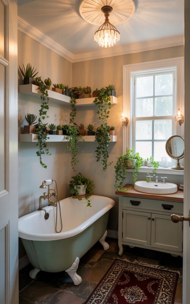 A photograph of a small, charming farmhouse bathroom centered around a clawfoot bathtub. Above the bathtub, two floating corner shelves display a collection of small succulents and trailing ivy, creating a fresh, lively atmosphere. A compact vanity with a vintage brass mirror sits beneath a window that lets in soft, natural light, illuminating a cozy, patterned floor rug and a detailed ceiling featuring a delicate crystal chandelier. Warm, diffused lighting enhances the rustic wood accents and soft neutral tones, resulting in a space that feels both organized and inviting.