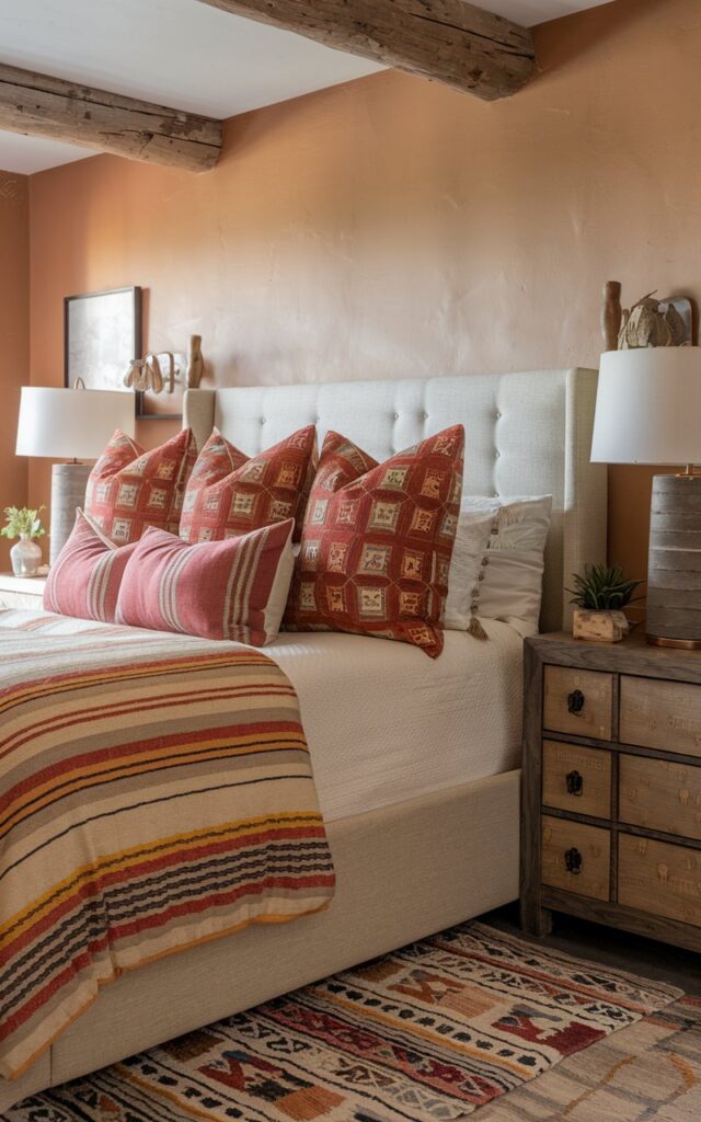 A photo of a southwestern-traditional bedroom with a neatly made bed layered with 3-4 patterned pillows in complementary bright and earthy tones, adding depth and texture. The room includes all essential furniture and functional elements, such as a wooden nightstand, dresser, and practical lighting. Warm terracotta and neutral colors, rustic wood accents, textured rugs, and subtle decorative touches create a cozy yet functional space. The natural light is soft.