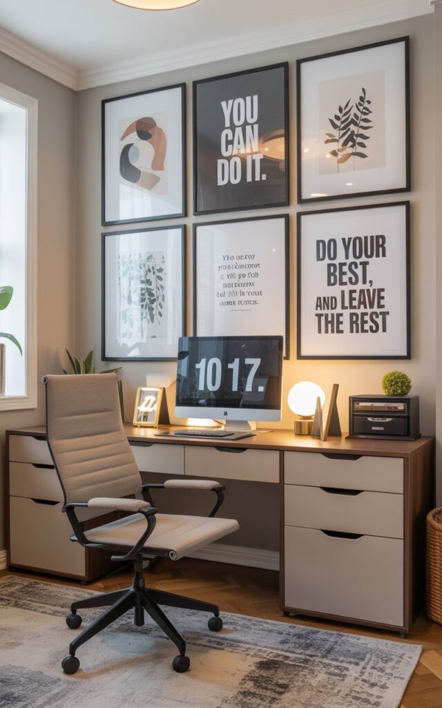 A stylish home office with 2–3 inspiring artworks and motivational quotes "You can do it", "Do your best, and leave the rest" hung at eye level, creating a personal and uplifting workspace. The desk area is framed by a gallery wall featuring 2-3 minimalist frames with abstract art, botanical prints, and elegant typography quotes. A clean-lined desk with a comfortable chair sits against the wall, accented with small plants and warm lighting. The overall style blends functionality with personality, making the office feel motivating, creative, and visually balanced.
