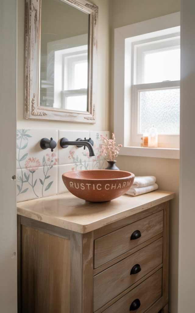 A photograph of a charming, tiny farmhouse bathroom centered around a compact vanity. The vanity features a natural wood texture, a smooth stone countertop, and simple black hardware, topped with a terrazo vessel sink and a sleek, wall-mounted faucet that extends gracefully above it. A delicate pastel floral backsplash adds a touch of whimsy to the space, while soft natural light streams through a small window, highlighting the clean, minimalist design and showcasing the words “"Rustic Charm"" subtly etched into the vanity’s stone countertop. The scene is complete with a vintage-style mirror and a neatly folded stack of white towels.