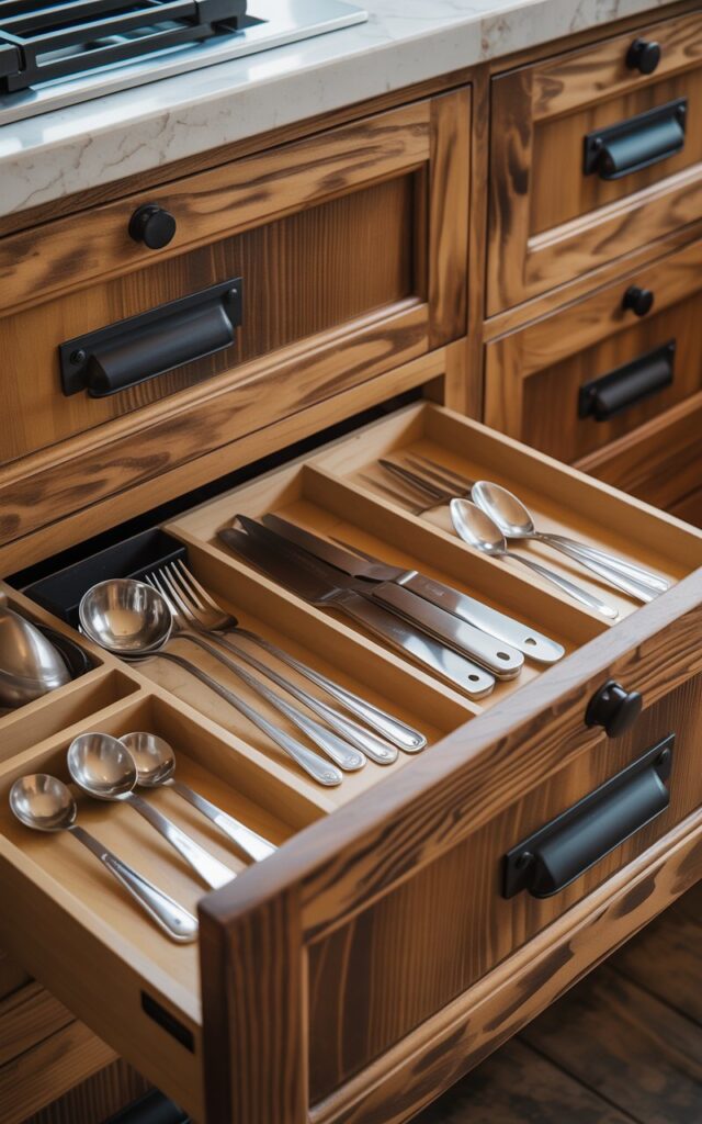 A photograph of a meticulously organized kitchen cabinet showcasing a rustic-meets-modern design. The cabinet features a rich, honey-toned wood grain accented by matte black hardware, and cleverly conceals hidden drawers filled with culinary tools. Inside, stainless steel measuring spoons, silver forks and knives, and an egg slicer are neatly arranged within custom-built compartments, all visible through a partially open drawer. Soft, diffused lighting emanates from above, highlighting the clever storage solutions and creating a warm, inviting atmosphere in the kitchen.