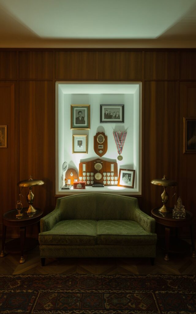 A photograph of a traditional living room bathed in the soft glow of ambient lighting, emphasizing a square alcove as the room’s focal point. Within the alcove, a collection of polished wooden trophies, framed black and white family photos, and meticulously arranged medals are illuminated by subtle accent lighting, highlighting their textures and shapes. The room features a plush, dark-green velvet sofa, a patterned Persian rug, and dark mahogany side tables adorned with antique brass lamps, all set against rich, wood-paneled walls.  The scene evokes a sense of timeless elegance and quiet accomplishment, entirely devoid of natural light, displaying a full view of the room's inviting atmosphere.