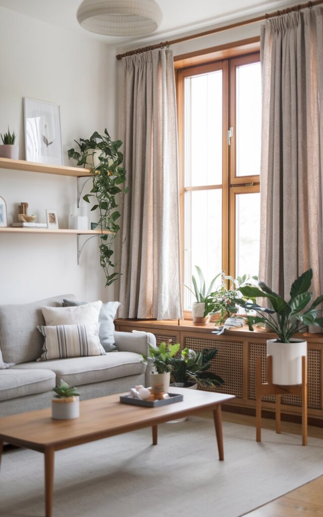 A photo of a transitional Scandi-style living room with a cozy sofa, a coffee table, wooden side furniture, shelves with minimal décor, and indoor plants. The room features curtains hung higher than the wooden window frame, creating the illusion of larger windows. The curtains have light, neutral tones and flow from ceiling height, drawing the eye upward and brightening the space. Natural wood textures, clean lines, and soft lighting enhance the refreshed, airy, and inviting atmosphere.
