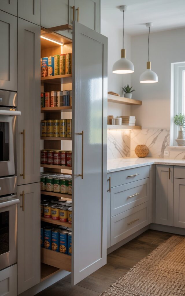 A photograph of a modern, fully furnished kitchen showcasing a sleek, built-in pull-out pantry with brushed brass handles. The pantry is slightly ajar, revealing neatly organized rows of colorful canned goods and snacks, while the kitchen features a combination of classic white cabinetry and modern gray accents.  Marble countertops gleam under the soft glow of minimalist pendant lights, complemented by a textured woven rug and a small potted succulent on an open shelf. Natural light streams in through a nearby window, highlighting the stainless steel appliances and creating a warm, inviting atmosphere.