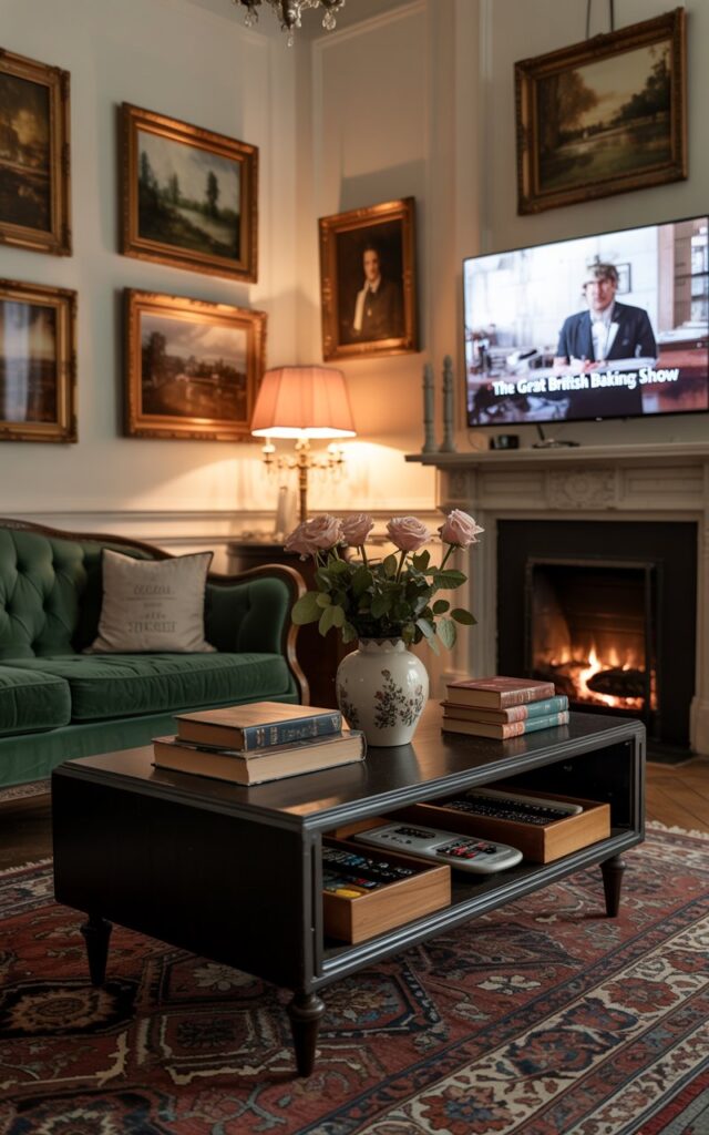 A photograph of a cozy European-style living room centered around a plush, velvet emerald green sofa. A collection of antique books and a ceramic vase holding faded roses sit atop a dark wood coffee table that subtly reveals hidden compartments filled with board games and remote controls.  A warm, inviting glow emanates from a nearby fireplace, which displays a mounted flatscreen showing "The Great British Baking Show", while gilt-framed landscapes adorn the cream-colored walls. The room is softly lit by a vintage chandelier, casting long shadows and highlighting the intricate patterns of the Persian rug beneath the seating area.