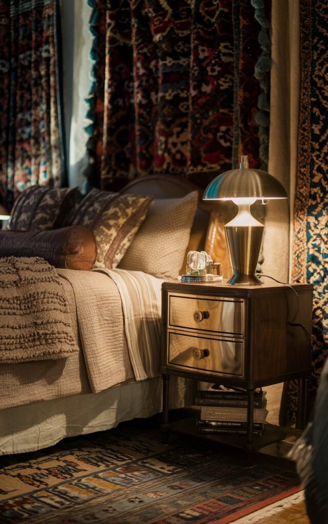 A photo of a vintage bedroom at night with metallic accents. The room has a brass drawer knob on a wooden nightstand and a silverish-gold lamp casting a warm glow. The bed is layered with textured bedding and has wooden nightstands. There are vintage rugs and classic decorative elements in the room. The soft, ambient lighting highlights the metallic details, adding sophistication and charm to the cozy, lived-in space.