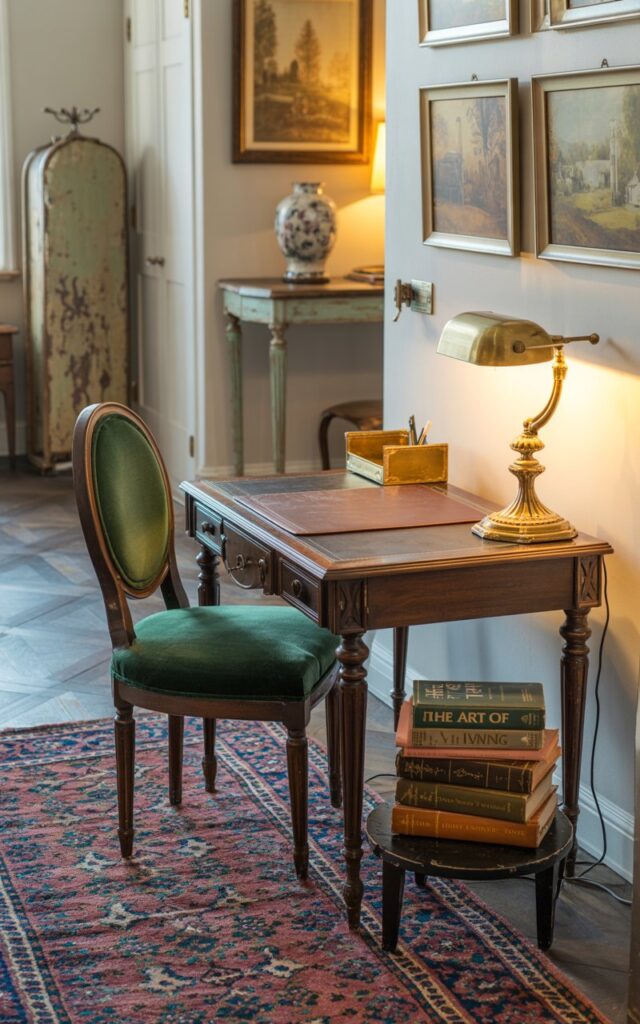 A photograph of a dark wood writing desk nestled within a vintage-inspired entryway, anchored by a vibrant Persian rug with intricate floral patterns. The desk features ornate carved legs and a worn leather writing surface, holding a brass banker's lamp casting a warm glow and a stack of aged books with gold-leaf lettering reading "The Art of Living". A velvet antique chair in deep emerald green sits invitingly beside the desk, while the entryway background showcases a weathered coat stand, a vintage console table displaying a porcelain vase, and softly lit wall art depicting scenes of pastoral landscapes. The scene is bathed in soft, golden-hour light, creating a cozy and productive home office nook.