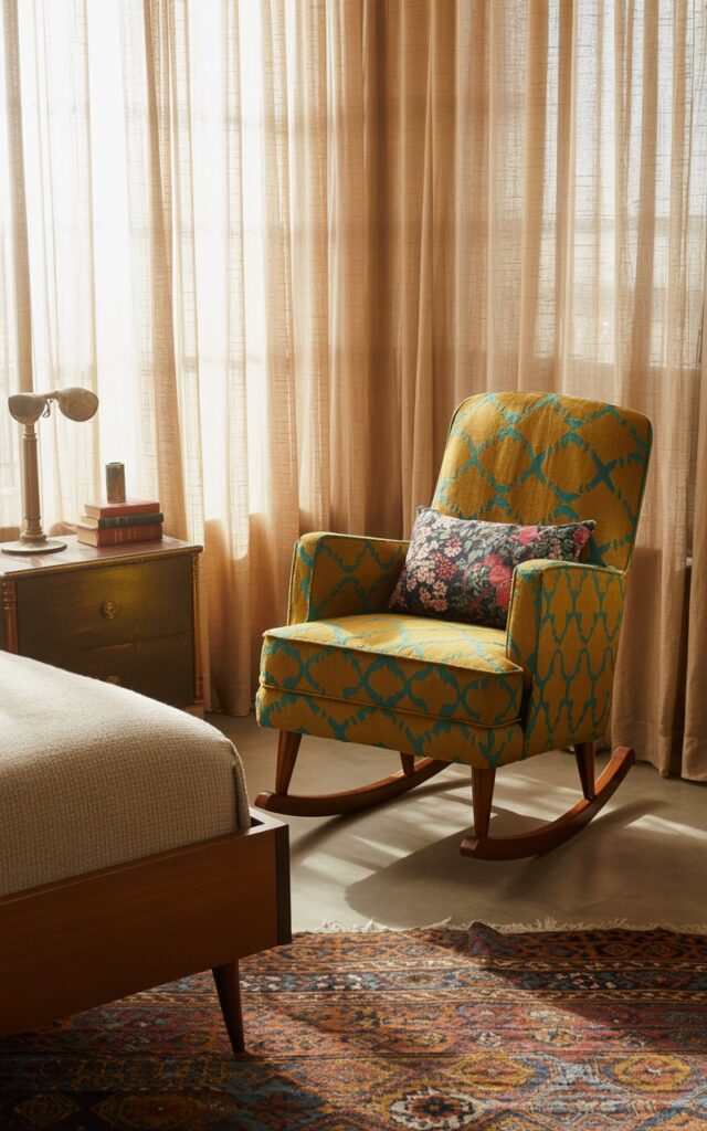 A photograph of a vintage-style bedroom with a statement rocking chair as the focal point. The rocking chair, upholstered in a vibrant geometric fabric of mustard yellow and teal, is positioned in the corner of the room and topped with a funky, floral-patterned cushion. The bedroom is warmly lit by soft natural light streaming through sheer linen curtains, illuminating a mid-century modern bed with a dark wood frame and a patterned Persian rug on the floor.  A small, antique nightstand sits beside the bed, displaying a stack of old books and a vintage lamp.
