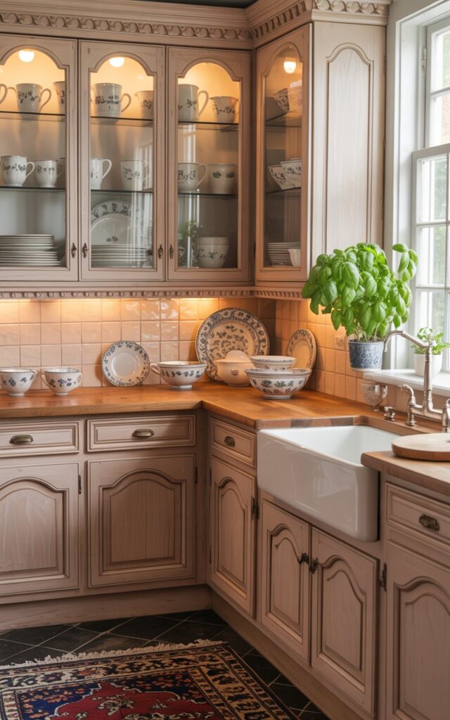 A photograph of a bright and airy vintage kitchen centered around a display of elegant glass-front cabinets filled with neatly arranged ceramic dishware. The cabinets, crafted with a classic cherry wood finish and intricate floral carvings, glow with soft LED lights illuminating a collection of hand-painted mugs, bowls, and plates, while a farmhouse sink with brushed nickel fixtures sits below. A patterned Persian rug lies on the tile floor, and a vibrant potted basil plant rests on the tiled backsplash, all bathed in the warm, diffused light streaming through a nearby window. The scene evokes a feeling of timeless charm and cozy functionality.