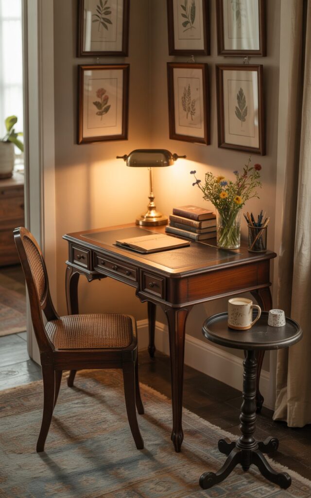 A photograph of a cozy vintage home office nestled within an entryway corner, centered around a dark mahogany antique writing desk. The desk features elegantly curved legs and a leather writing surface, positioned facing a soft, patterned rug, and topped with a brass desk lamp illuminating a stack of aged books and a pen holder. Beside the desk, a small circular side table displays a ceramic mug filled with steaming coffee and a small bouquet of wildflowers, with framed botanical prints adorning the adjacent wall, bathed in the warm glow of natural light filtering through a nearby window. The overall ambiance is one of quiet productivity and nostalgic charm.