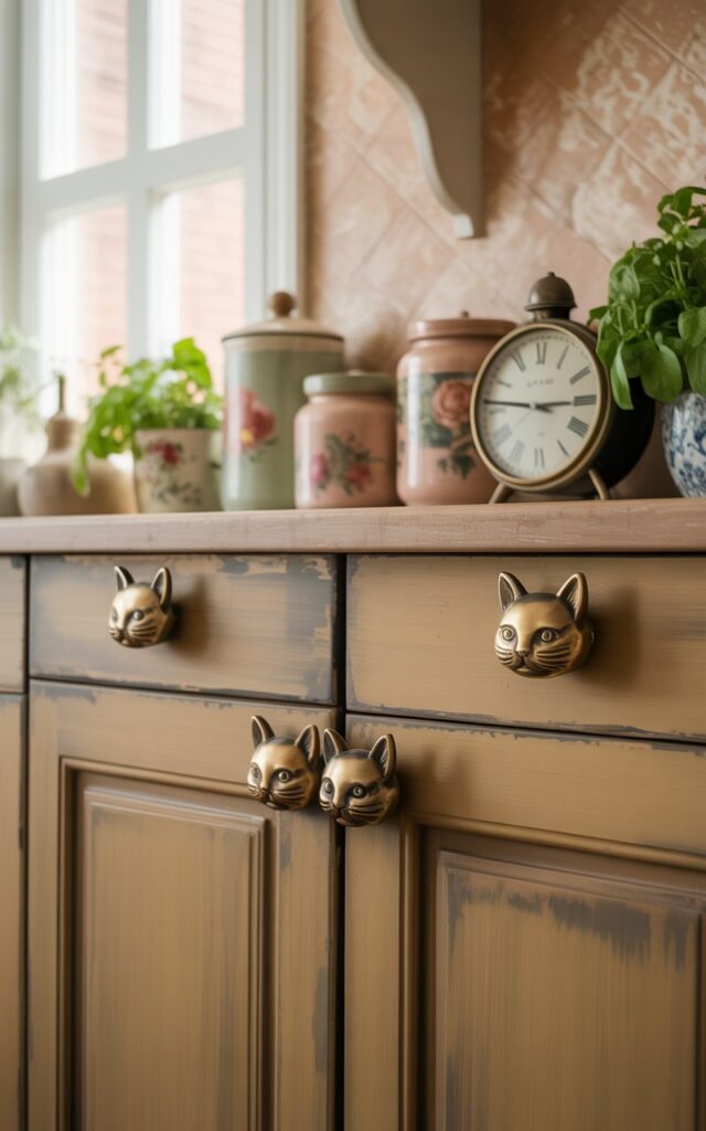 A photograph of a charming vintage kitchen cabinet showcasing whimsical cat-shaped handles in brushed gold. The cabinet features a warm, classic wood finish with subtle distressed details, and is positioned against a pale cream-colored kitchen wall with a textured surface.  A collection of vintage ceramic jars in muted floral patterns, a small antique clock with Roman numerals, and a few leafy potted herbs are artfully arranged on the countertop beside the cabinet. Soft, diffused natural light streams through a nearby window, casting gentle shadows and highlighting the playful hardware, creating a cozy and nostalgic atmosphere.