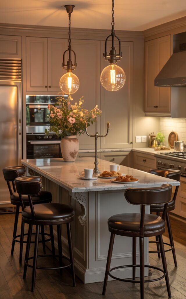 A photograph of a beautifully designed vintage-transitional kitchen centered around a sleek, compact island. The island features a polished Carrara marble countertop and is surrounded by four dark brown leather bar stools with handrests, set casually around the island for a relaxed dining experience, with a plate of pastries and coffee. Above the island, two metal pendant lights with Edison bulbs cast a warm glow, illuminating the classic cabinetry with brushed brass detailing, warm oak floors, and fresh flowers in a ceramic vase placed on the countertop. The scene is softly lit with no natural light, creating a cozy and inviting atmosphere.