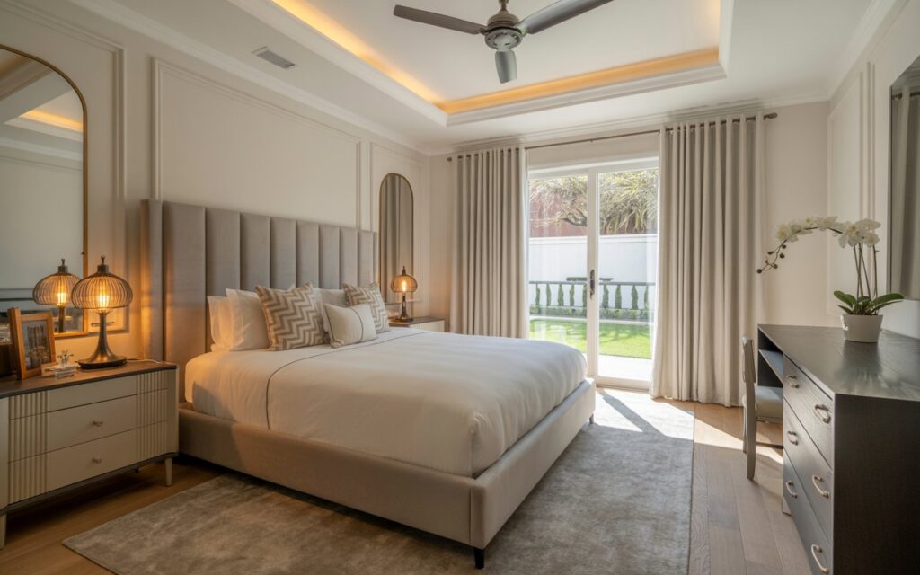 A photograph of a luxuriously decorated bedroom embodying a blend of modern farmhouse and art deco aesthetics. The focal point is a king-sized bed with a plush, dove-grey upholstered headboard, adorned with geometric-patterned throw pillows and a crisp white duvet, positioned centrally in the room. Elegant nightstands with brass accents flank the bed, each topped with a vintage-style lamp casting a warm glow, while a sleek, dark wood dresser and a minimalist study desk with a single orchid plant complete the scene. The space is elevated by a coffered ceiling with an integrated ceiling fan and subtle LED lighting, softened by linen curtains over a large window revealing a glimpse of a manicured garden beyond.