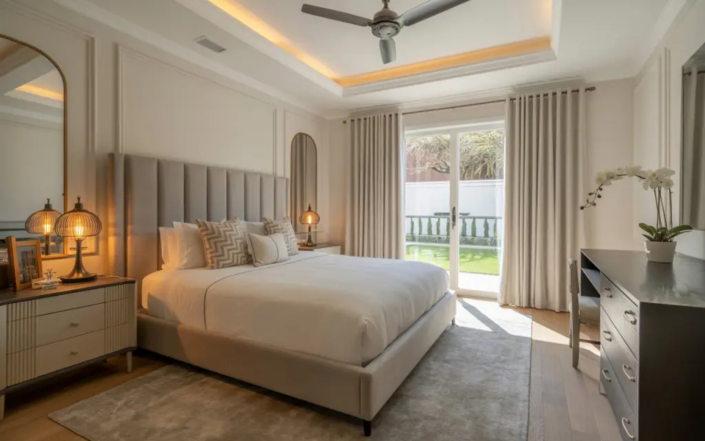 A photograph of a luxuriously decorated bedroom embodying a blend of modern farmhouse and art deco aesthetics. The focal point is a king-sized bed with a plush, dove-grey upholstered headboard, adorned with geometric-patterned throw pillows and a crisp white duvet, positioned centrally in the room. Elegant nightstands with brass accents flank the bed, each topped with a vintage-style lamp casting a warm glow, while a sleek, dark wood dresser and a minimalist study desk with a single orchid plant complete the scene. The space is elevated by a coffered ceiling with an integrated ceiling fan and subtle LED lighting, softened by linen curtains over a large window revealing a glimpse of a manicured garden beyond.