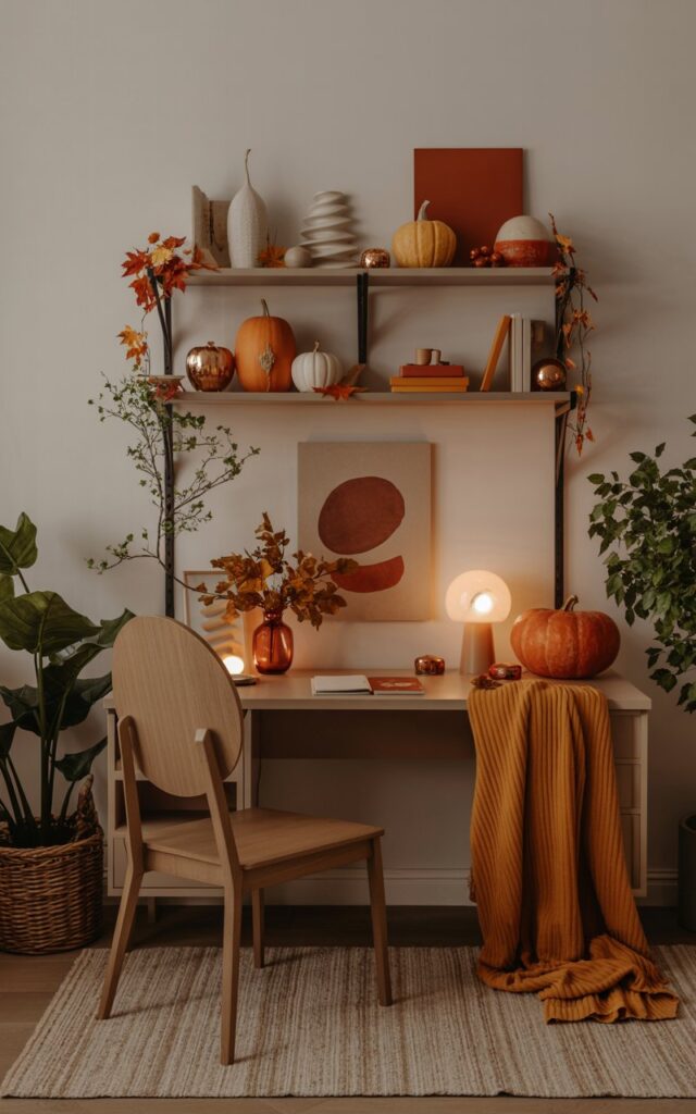 An American-style home office minimally decorated for fall, featuring a rotation of seasonal decorative items. The desk and shelves display a few pumpkins, autumn leaves, cozy textiles, and warm-toned ceramics. A wooden desk with a classic chair sits atop a neutral rug, complemented by soft lighting and layered blankets. Earthy colors like burnt orange, deep reds, and golden yellows dominate the space, while potted greenery adds freshness. The overall atmosphere is cozy, welcoming, and perfectly balanced between functional workspace and seasonal charm. Natural light is soft, ambient. Decor is minimal and neat.