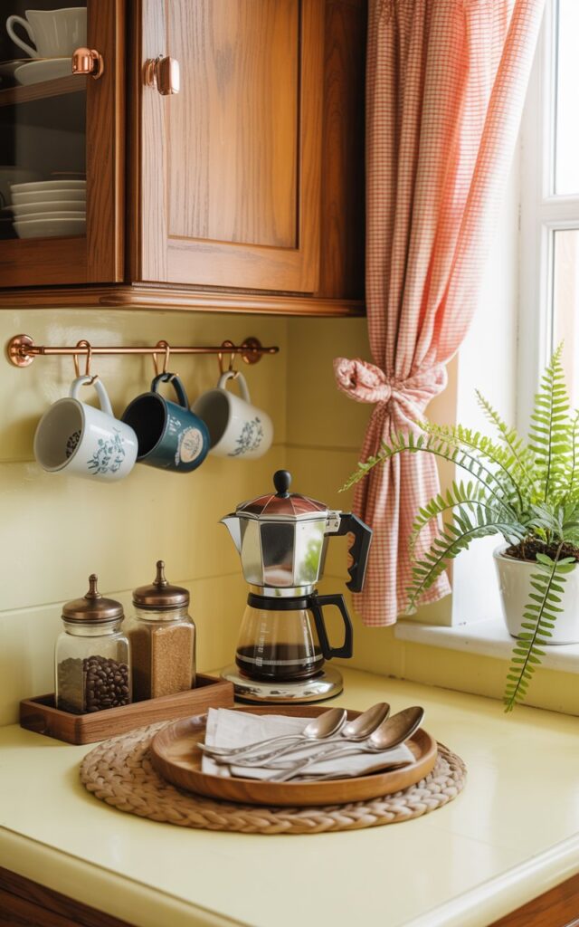 A photograph of a brightly lit Americana-style kitchen, with a charming mini coffee station as the focal point on a pale-yellow countertop. The coffee station features a vintage chrome coffee maker, three designer mugs hanging on copper hooks, and small glass jars filled with brown sugar and dark coffee beans, along with a wooden tray displaying silver spoons and linen napkins. The kitchen’s warm wood cabinetry is complemented by checkered curtains and a cozy braided rug, while a single potted fern sits on a windowsill bathed in soft morning light. The scene evokes a sense of nostalgia and cozy hospitality.