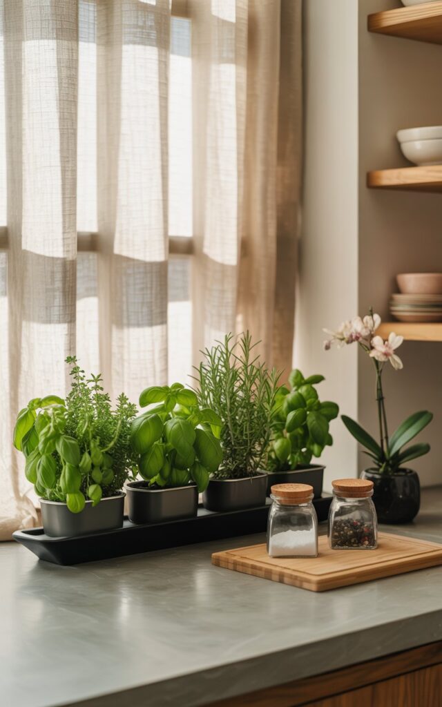 A photograph of a serene Asia Zen style kitchen counter, centered around a collection of fresh herbs displayed in three sleek, black window planters. The herbs – basil, mint, and rosemary – are vibrant green, spilling slightly over the edges of the planters and resting on a smooth, grey stone countertop. Simple ceramic jars holding sea salt and black peppercorns sit neatly beside a bamboo cutting board, with a single, elegant orchid in a small vase adding a touch of delicate color to the minimalist open shelving in the background. Soft morning sunlight streams through linen curtains, casting a warm, diffused glow across the clean lines of the kitchen and accentuating the textures of the wood and stone.
