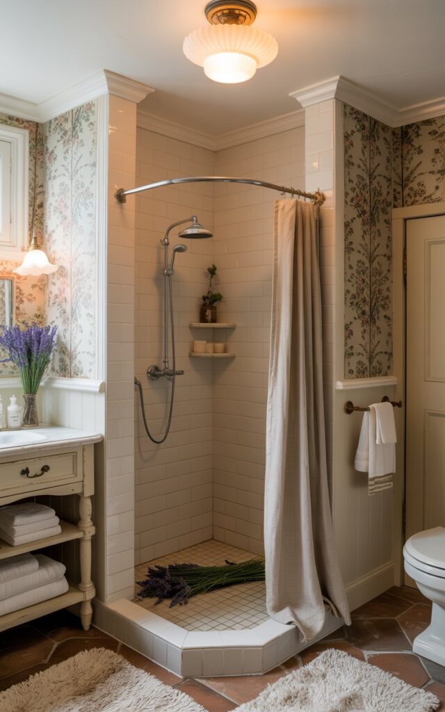 A photograph of a charming English countryside bathroom centered around a corner shower with a curved chrome shower rod and a pale linen curtain. Inside the shower, a scattering of fresh lavender sprigs rests on the tiled floor. A classic white vanity with antique brass hardware sits against one wall, complemented by open shelves displaying neatly folded white towels and a plush cream-colored rug, all bathed in the warm glow of a vintage-style ceiling light fixture with a frosted glass shade. Delicate floral wallpaper adorns the walls, adding to the room's cozy and inviting atmosphere.