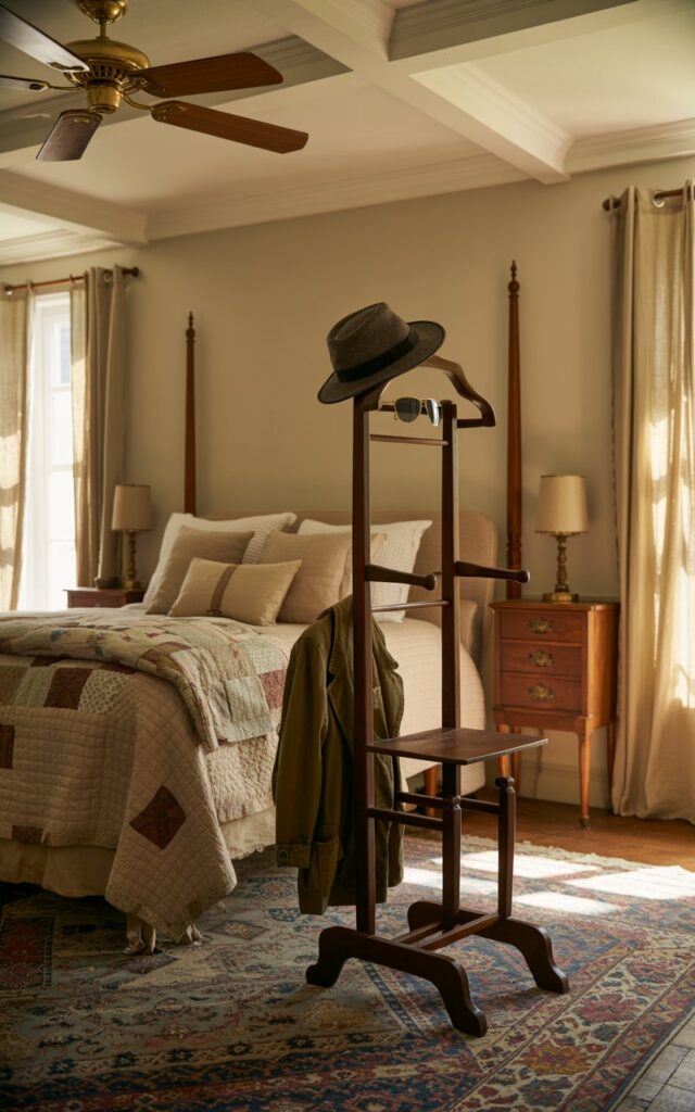 A photograph of a cozy English countryside bedroom bathed in soft morning light. A vintage valet stand, crafted from dark stained wood, stands neatly in the corner beside a four-poster bed draped with a patchwork quilt and plush linen pillows, displaying a tweed hat, a pair of aviator sunglasses, and a worn leather jacket. The room is finished with a thick, patterned rug, a coved ceiling with a brass ceiling fan, and antique wooden nightstands holding small lamps. Warm sunlight streams through linen curtains, illuminating the room’s textures and creating a tranquil, inviting atmosphere.