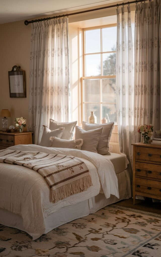 A photo of a morning-lit English countryside bedroom with a cozy bed, wooden nightstands, and classic decor. The room has sheer, embroidered curtains on the window that softly filter the sunlight. The warm natural light highlights the textured bedding, a patterned rug, and subtle floral accents. The room has an airy, charming, and inviting atmosphere with traditional English countryside styling.