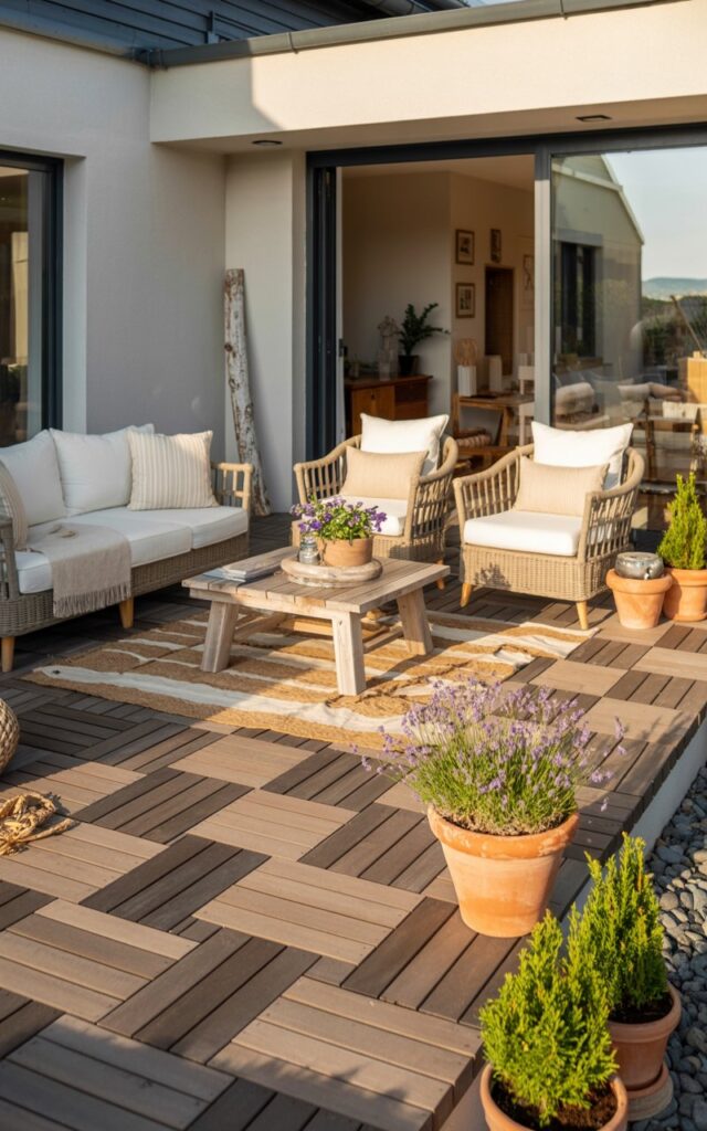 A photograph of a sun-drenched outdoor patio seamlessly connected to a modern house, showcasing an inviting lounge area. The patio features interlocking dark brown deck tiles forming a warm foundation for a comfortable seating arrangement consisting of a plush linen sofa and two woven armchairs adorned with cream-colored cushions. A rustic wooden coffee table sits atop layered jute and wool rugs, while several terracotta pots filled with vibrant lavender and small boxwood evergreens add coastal charm and a touch of alpine elegance, with a piece of driftwood casually leaning against the house wall. Soft morning light illuminates the space, casting long shadows and highlighting the textures of the natural materials, creating a stylish and serene retreat.