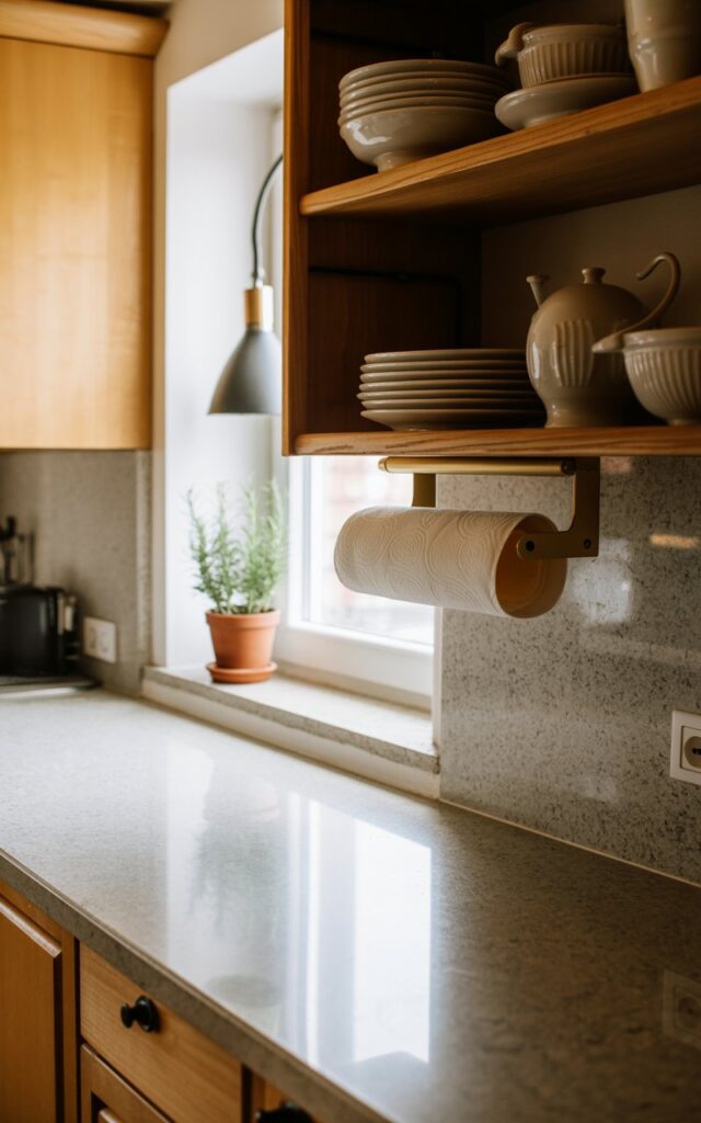 A photograph of an alpine chic kitchen centered around a gleaming stone countertop and a collection of ceramic dishes on open shelving. The countertop is a light gray granite with subtle veining, and a brushed gold paper towel holder is mounted neatly below a wooden shelf holding various white and cream-colored plates and bowls. Soft natural light streams in from a nearby window, highlighting the light wood cabinetry and a small terracotta pot of rosemary placed near a minimalist pendant light. The overall scene conveys a sense of calm and functionality, with warm tones and rustic-modern accents creating an inviting atmosphere.