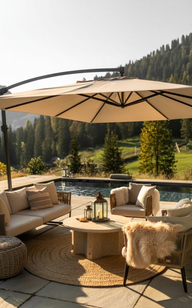 A photograph of an inviting outdoor alpine patio bathed in the warm glow of late afternoon sunlight. A large cantilever umbrella with a cream-colored canopy extends gracefully over a plush seating area, providing flexible shade. The area features a comfortable sofa and armchairs upholstered in faux fur throws, centered around a rustic stone coffee table adorned with flickering lanterns, while handwoven rugs add texture and warmth. In the background, a sparkling swimming pool reflects the sky and a lush landscape of evergreens completes the serene alpine retreat.