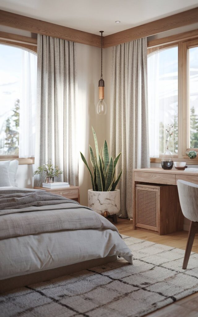 A photo of a high-resolution, realistic interior design of an alpine chic-coastal bedroom. The room has a cozy bed with layered bedding, wooden accents, and a plush rug. There is a study desk nearby. A corner of the room contains a small snake plant in a stylish designer pot. Natural light streams through curtained windows, highlighting the greenery and adding freshness to the space. The room combines soft coastal tones with alpine textures. Subtle decorative touches complete the serene, elegant, and inviting bedroom.