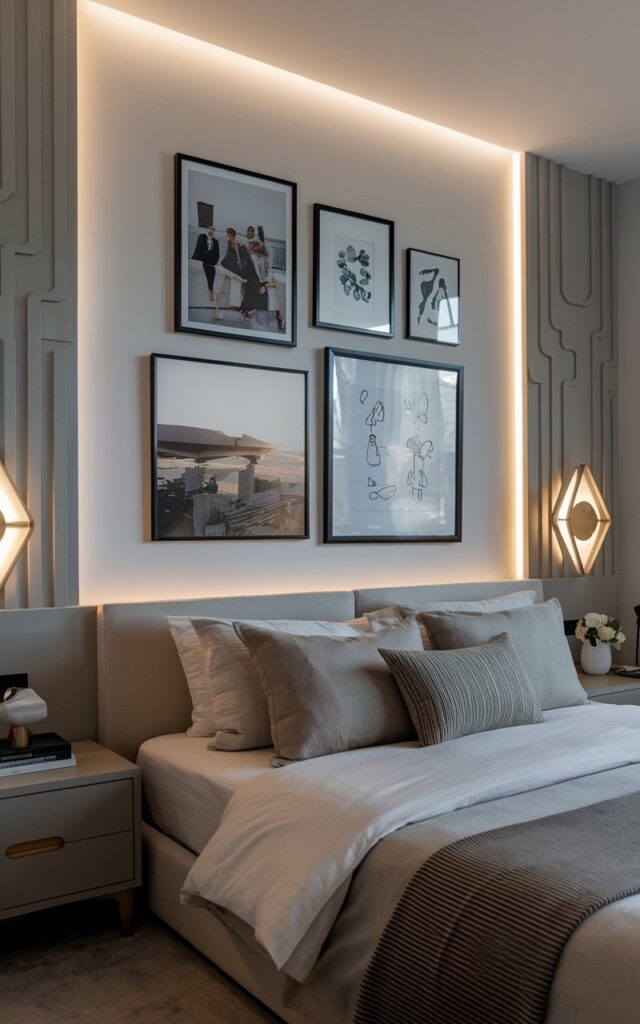 A photo of an art deco–minimalistic bedroom with a layered gallery wall above the bed. The wall features 3-4 frames showcasing family photos, scenaries, and doodles. The room includes a sleek bed with neutral bedding, minimal nightstands, and subtle geometric accents reflecting the art deco style. The clean lines, muted color palette, and carefully curated decor maintain a minimalist feel, while the gallery wall adds personality and character. Soft ambient lighting highlights the wall and creates a cozy, stylish atmosphere.