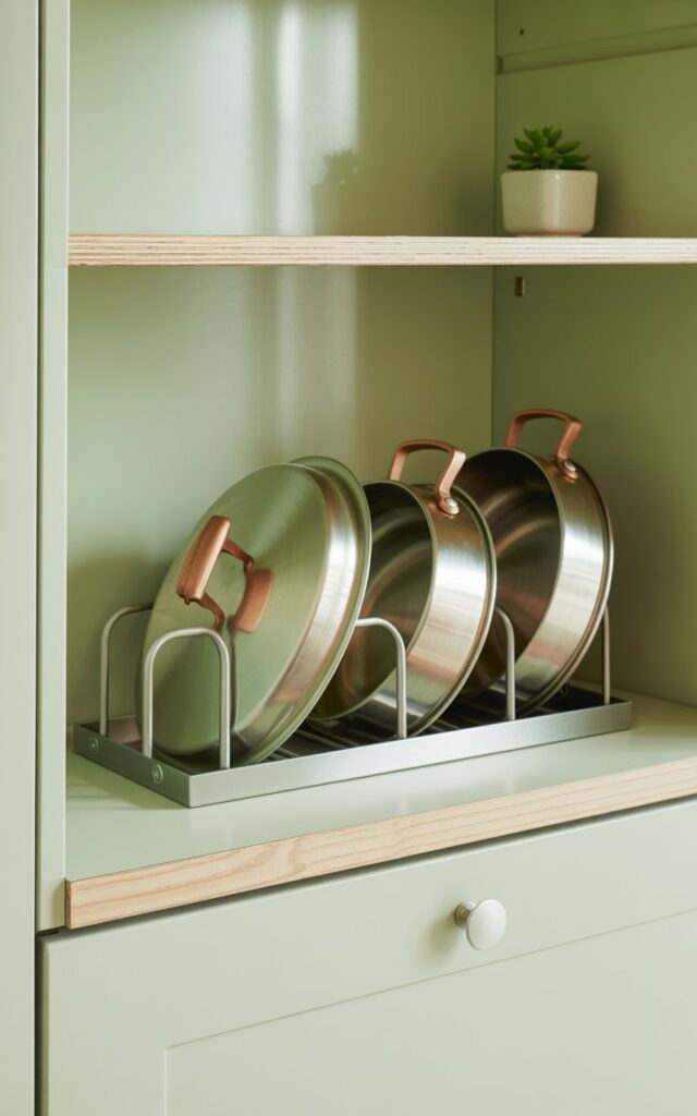 A photograph of a pristine Scandi-style kitchen cabinet interior, showcasing a soft pastel sage green finish. Inside, a sleek, brushed stainless steel lid organizer neatly displays three pot lids, their copper handles catching the light, while a small succulent sits on the top shelf. The cabinet’s interior features clean lines and pale birch wood accents, with a single, minimalist white ceramic knob. Soft, diffused natural light streams in from an unseen window, highlighting the cabinet's functionality and serene aesthetic.