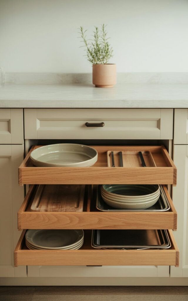 A photograph of a meticulously organized kitchen drawer revealing a clever system of sliding trays. The trays are constructed from light oak wood, holding a collection of ceramic plates, wooden cutting boards, and stainless steel baking trays, all smoothly gliding outwards. The drawer is part of a shaker-style kitchen cabinet with matte black minimalist hardware, while the counter above displays a single sprig of rosemary in a simple terracotta pot. Soft, diffused natural light illuminates the scene, highlighting the clean lines and functional design.