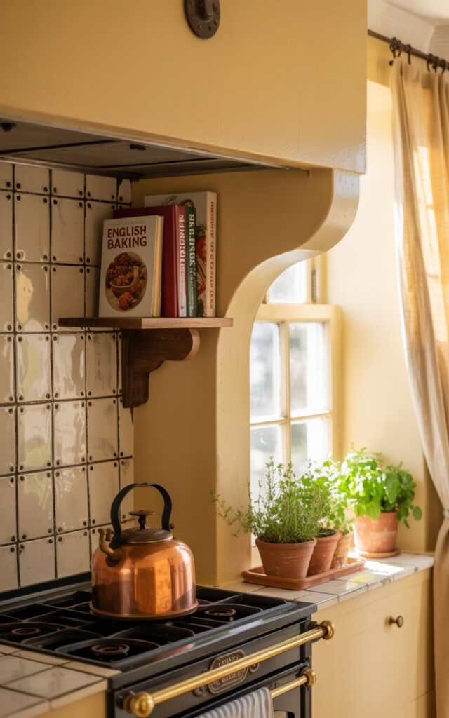 A photograph of a charming English countryside kitchen, bathed in soft, natural light. A vintage copper kettle sits atop a cast-iron stove beneath a farmhouse-style range hood adorned with rustic tiles, with a small wooden shelf mounted nearby displaying a few cookbooks with spines reading "English Baking" and "Farmhouse Recipes". Fresh herbs in terracotta pots sit on a wide window sill below a cream-colored curtained window. Warm light illuminates the room, highlighting the cozy and fully furnished ambiance.