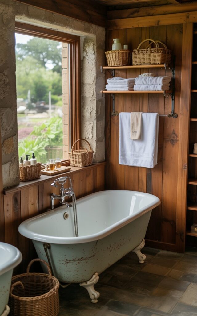 A photograph of a rustic, fully-furnished bathroom centered around a vintage porcelain clawfoot bathtub. The bathtub is positioned beneath a window overlooking a lush garden, with sunlight streaming in and highlighting the warm tones of the reclaimed wood paneling and exposed stone walls. A small, sturdy rack above the door displays neatly folded linen towels and woven baskets containing bath essentials, while a farmhouse sink and antique brass fixtures complete the cozy, functional space. Soft, diffused lighting creates a calming atmosphere, emphasizing the room's rustic charm and highlighting the texture of the stone details.