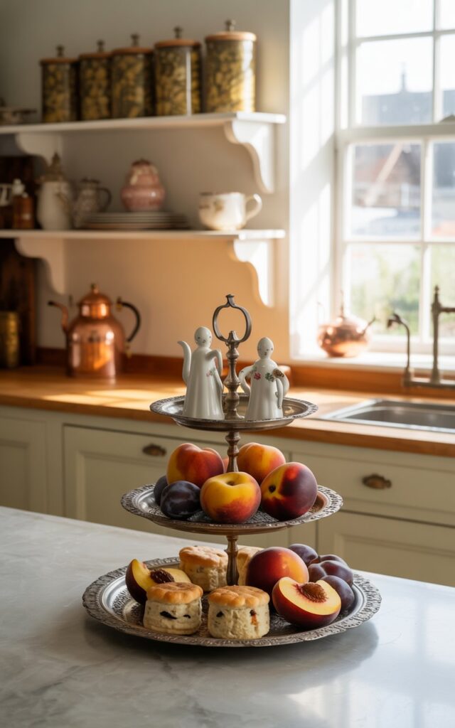 A photograph of an English countryside kitchen featuring a tiered tray as the central focus. The antique silver tray sits on a pale grey marble countertop, neatly displaying a colorful arrangement of ripe peaches, plums, and miniature scones alongside delicate porcelain figurines. Open shelving behind the tray showcases a collection of ceramic canisters filled with dried herbs and a vintage copper teapot, all bathed in the warm glow of morning sunlight streaming through a farmhouse window. The kitchen walls are painted a soft cream color, contributing to the cozy and inviting atmosphere.
