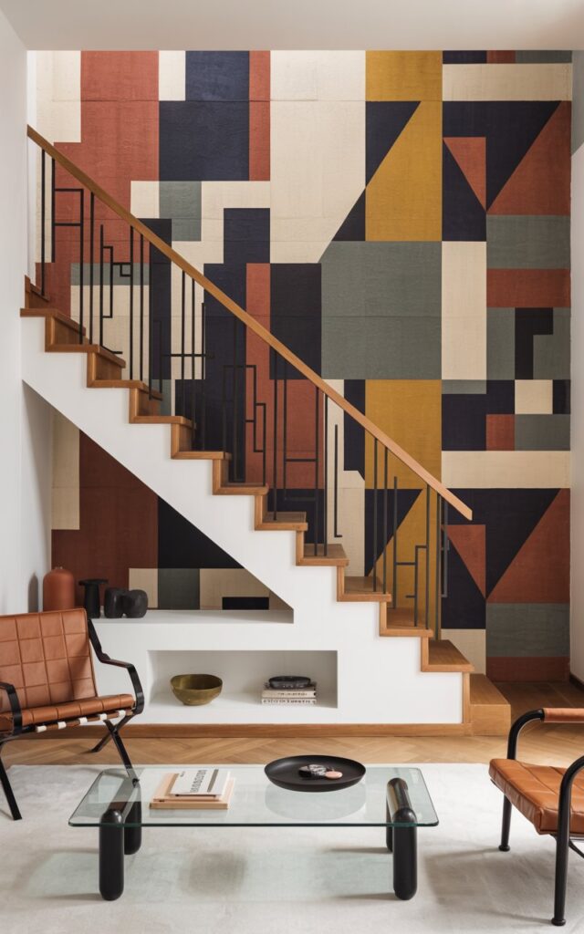 A Bauhaus-style living room interior featuring a striking staircase with a geometric abstract wallpaper covering the adjacent wall. The wallpaper displays bold angular shapes and color blocks in muted primary tones—brick red, navy blue, mustard yellow, and charcoal black—arranged in a rhythmic, balanced composition that echoes classic Bauhaus design principles. The staircase features clean oak treads, minimalist black steel railings with simple vertical bars, and open risers that create an airy, floating effect. The living room showcases iconic modernist furniture including a leather Barcelona chair, a glass-top coffee table with tubular steel legs, and built-in shelving, all set against neutral white walls with strategic pops of the same bold colors from the wallpaper in throw pillows and art pieces.