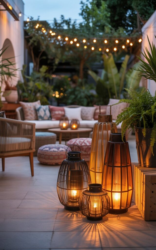 A photograph of a serene backyard patio bathed in the warm glow of dusk. Several antique lanterns of varying heights and shapes are clustered beside a comfortable seating area, their soft light casting long, flickering shadows across a collection of patterned rugs and cushions. Woven chairs and low wooden tables are adorned with layered textiles in muted creams, browns, and greens, while lush potted ferns and subtle string lights overhead create a relaxed and eclectic atmosphere. The wide-angle view emphasizes the lanterns’ dramatic effect while highlighting the patio’s inviting ambiance.