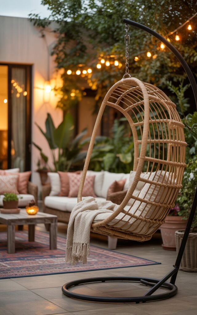 A photograph of a rattan hanging chair gently swaying on a boho-chic backyard patio at dusk. The chair is adorned with plush, cream-colored cushions and a soft, woven throw blanket, inviting relaxation. Surrounding the chair is a cozy lounge area featuring plush sofas, a low, weathered wooden coffee table, and a vibrant, patterned outdoor rug creating a warm and inviting space. Soft, amber light from string lights and scattered lanterns casts a golden glow across the textured fabrics and lush potted plants, enhancing the serene atmosphere.