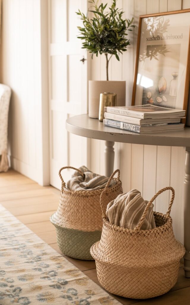 A photograph of a cozy hallway bathed in soft, natural light, featuring a semi-circle console table against a whitewashed wall. Two hand-painted seagrass baskets, one in a muted sage green and the other in a creamy beige, sit neatly beneath the table, filled with loosely rolled linen blankets and a stack of vintage magazines labeled "Coastal Living". A patterned runner with a subtle floral design anchors the space, while a small potted olive tree and a framed print featuring "Seashells and Driftwood" adorn the wall beside the table. The hallway exudes a sense of relaxed elegance with warm wood tones and gentle pastel hues creating a serene and inviting atmosphere.