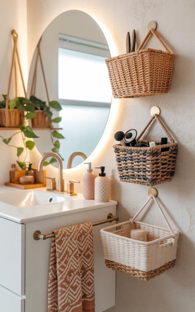 A modern boho-chic bathroom interior showcasing a sleek floating vanity with brushed gold fixtures and a large round mirror surrounded by soft LED strip lighting. Three small woven baskets in varying natural tones—light rattan, darker jute, and cream cotton rope—are mounted on the textured white wall beside the vanity using discreet command hooks, each holding hair styling tools and daily essentials. The space features clean lines balanced with warm bohemian touches: a cascading pothos plant in a macramé hanger, geometric patterned hand towels in earthy terracotta and cream, and subtle rattan accents on storage shelves. Soft natural light filters through a frosted window, creating an airy atmosphere that feels both organized and effortlessly stylish.