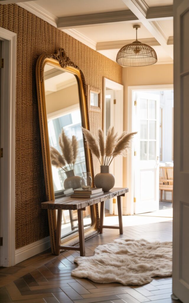 A photograph showcasing a sun-drenched California coastal hallway with a large, ornate leaning mirror serving as the primary focal point. The mirror's antique gold frame reflects the warm light spilling in from a nearby window, positioned casually against a wall adorned with woven seagrass wallpaper. A slender console table crafted from reclaimed wood sits beneath the mirror, displaying a curated collection of dried pampas grass and a ceramic vase; the herringbone patterned floor is softened by a plush, cream-colored rug, all illuminated by a hanging rattan pendant light fixture. The coffered ceiling adds architectural interest while maintaining the hallway's airy and relaxed Boho-coastal aesthetic.