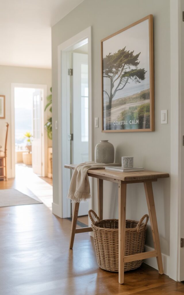A photograph of a brightly lit hallway styled with California coastal and alpine chic elements. A slim, reclaimed wood console table sits against the pale grey wall, adorned with a woven seagrass basket and a framed print of a windswept Monterey cypress tree reading "Coastal Calm". Sunlight streams in through a doorway at the hallway's end, illuminating the soft white walls with a subtle satin finish and highlighting the natural texture of a linen throw draped over the table. The polished wooden floor reflects the light, creating a serene and airy atmosphere with hints of warm beige accents throughout the space.
