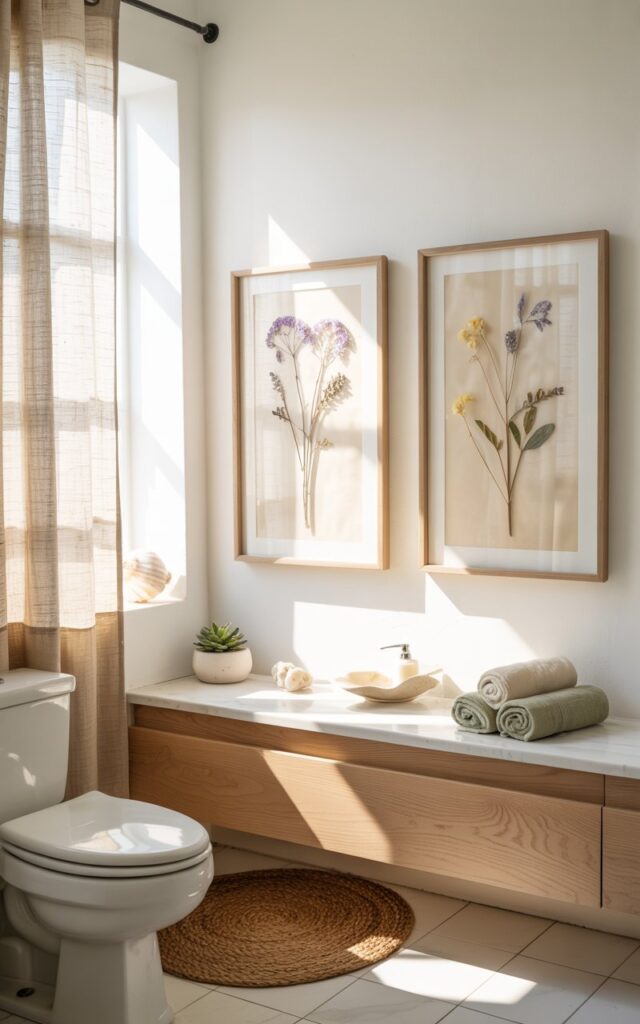 A serene California coastal bathroom featuring one or two elegantly framed pressed flower artworks as the focal point, mounted on a crisp white wall above a modern toilet. The delicate botanical specimens are preserved behind glass in natural wood frames, displaying soft purple lavender and pale yellow wildflowers against cream-colored backing. A light oak floating vanity anchors the space below, topped with white marble and accompanied by a gauzy linen curtain that filters golden sunlight through the window. Scattered coastal accents include small white seashells on the windowsill, a petite succulent in a ceramic pot, and rolled linen hand towels in soft sage green, all resting on a woven jute rug that adds warmth to the clean white tile flooring.