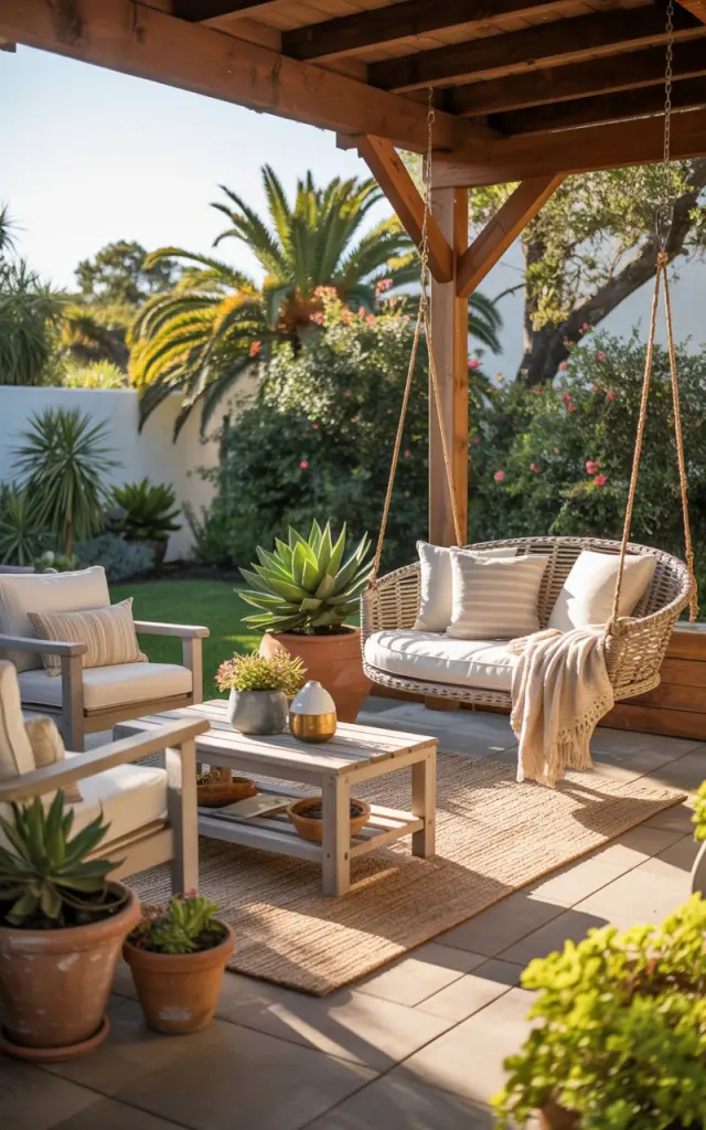 A photograph showcasing a charming California coastal-style backyard patio bathed in warm sunlight. A round porch swing, adorned with cream-colored cushions and a cozy knitted throw, hangs gracefully from sturdy wooden beams in one corner. The patio features light-toned wooden chairs gathered around a weathered coffee table, complemented by a textured jute rug, while vibrant succulents and coastal grasses fill terracotta pots scattered around the space.  A backdrop of lush greenery, including palm trees and flowering shrubs, creates a serene and inviting atmosphere.