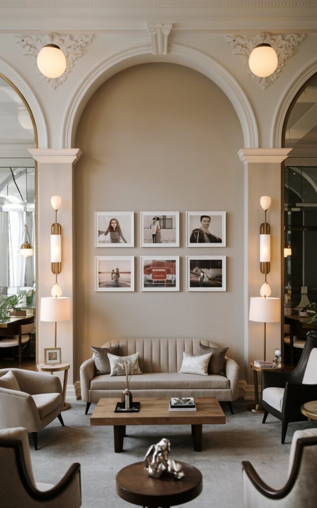 A photo of a mid-century modern living room with European influences. The room has a neutral-toned sofa, a wooden coffee table, accent chairs, and sleek lighting fixtures. The wall behind the sofa has a clean, symmetrical grid of 4-5 family photos. The space has arched details, elegant moldings, and refined décor. The photo grid adds warmth and personality, turning the wall into a stylish focal point that balances sophistication with sentiment.