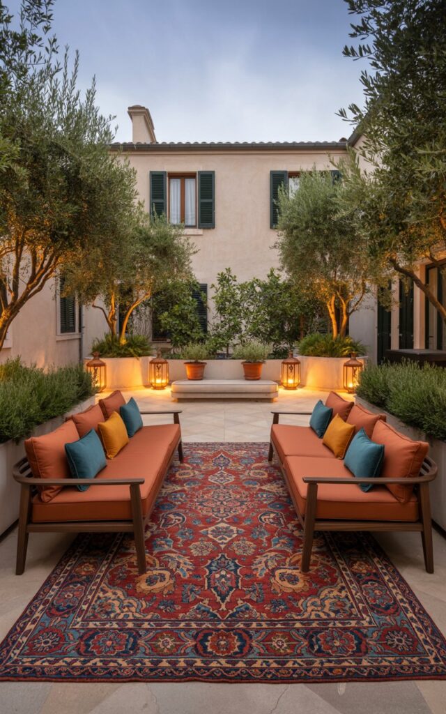 A photograph of a meticulously arranged European-style backyard patio, centered around a vibrant Persian rug with intricate floral patterns. The rug anchors a collection of sleek, low-profile sofas and chairs with dark walnut frames, adorned with cushions in a spectrum of terracotta, ochre, and deep teal.  Surrounding the lounge area are groupings of potted olive trees and rosemary bushes, illuminated by the warm glow of strategically placed brass lanterns, creating a cozy and inviting atmosphere. The patio extends towards a cream-colored stucco house with dark green shutters, all bathed in the soft, diffused light of a late afternoon sun.