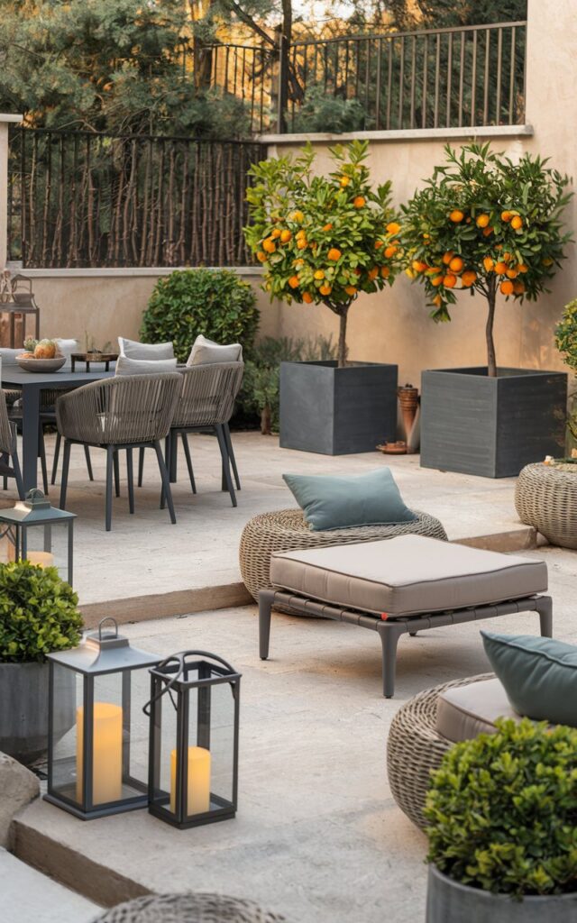 A photo of a European-style backyard patio with a dining table and chairs, lounge seating with cushions, and decorative accents like lanterns and low planters. There are 2-3 citrus trees planted in modern pots near the patio. The patio has a stone or wood flooring. The background contains a fence and lush greenery. The overall atmosphere is warm and inviting.