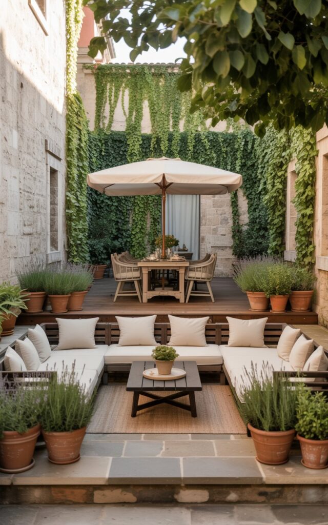 A photograph showcasing a serene European-style backyard patio, emphasizing its layered textures and distinct zones. The lower lounge area features a natural stone floor with plush, cream-colored cushions arranged around a dark wood coffee table, while above it, a warm wood deck houses a rustic dining set sheltered by a large linen umbrella. Cascading ivy adorns the stone walls, contrasting with the vibrant terracotta pots filled with lavender and rosemary that line the edges of both areas. Soft, diffused sunlight filters through the surrounding foliage, casting gentle shadows and creating an inviting atmosphere.