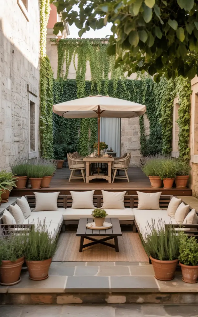A photograph showcasing a serene European-style backyard patio, emphasizing its layered textures and distinct zones. The lower lounge area features a natural stone floor with plush, cream-colored cushions arranged around a dark wood coffee table, while above it, a warm wood deck houses a rustic dining set sheltered by a large linen umbrella. Cascading ivy adorns the stone walls, contrasting with the vibrant terracotta pots filled with lavender and rosemary that line the edges of both areas. Soft, diffused sunlight filters through the surrounding foliage, casting gentle shadows and creating an inviting atmosphere.