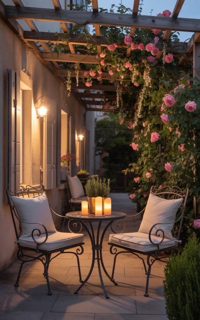 A photograph of a secluded European-style patio bathed in the warm glow of dusk. An elegant wrought-iron bistro set, featuring plush cream cushions and a small round table adorned with flickering LED candles and a miniature rosemary plant, sits center stage.  Woven above is a wooden pergola, entirely draped with vibrant climbing roses and fragrant jasmine vines, casting dappled shadows on the stone floor. Soft lantern light illuminates the scene, creating a romantic and inviting atmosphere, hinting at "A Quiet Evening".